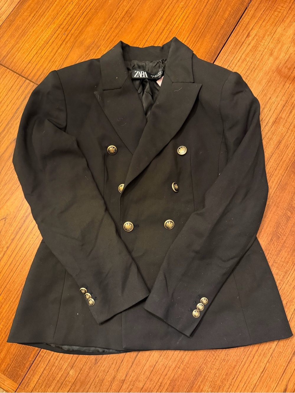Zara Black Double-Breasted Pea Coat with Gold Buttons